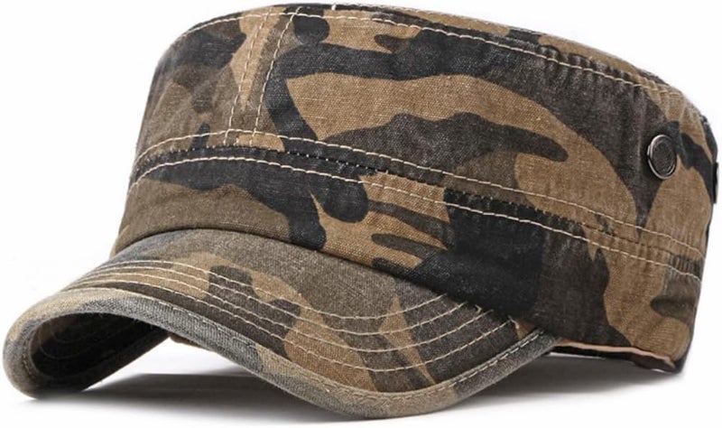 FASHIXD Military Flat Top Cap, Washed Cotton Vintage Adjustable Cadet Army Camo Hat, Outdoor Camping Baseball Cap for Men Women - Image 1